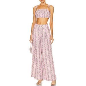 LoveShackFancy Floral Tie Strap Crop Top Floral Pants Set Pink Small 4